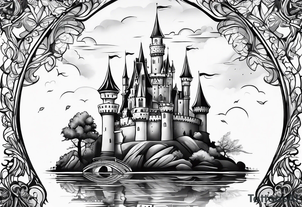 A castle floating above a crystal tattoo idea