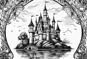 A castle floating above a crystal tattoo idea