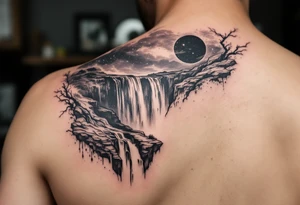 Black universe that forms into a waterfall tattoo idea