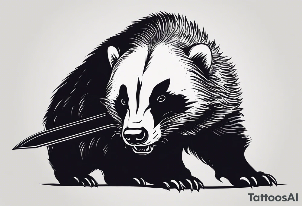 Draw me psychopath Fearless Honey Badger/Berserker with aggressive full body, killer face with a scary smile, very long nails and he attacks like a Bloody Assassin/Warrior/Gladiator to us and also, he has very deadly looking. He fights with his nails only. Everybody scares after their first sight. Give me horror type Badger Tattoo. I want to see his Realistic full body with no weapons. You can show destruction at the back. tattoo idea