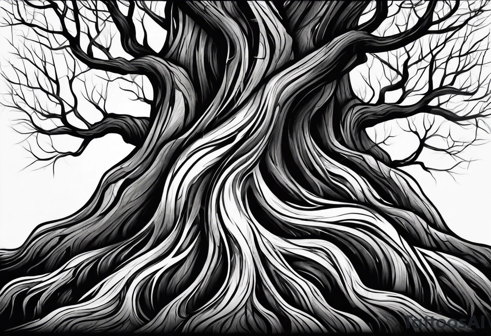 2 tree trunks twisting together with leafless branches extend horizontal. and tree trunk roots extending down vertically. tattoo idea