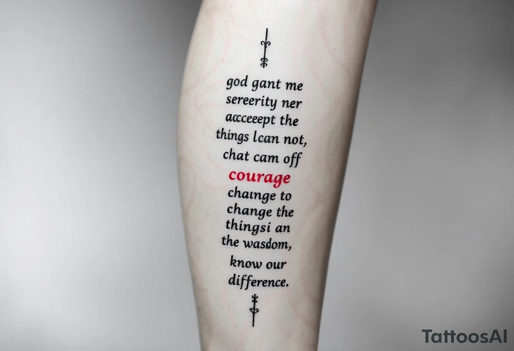 Generate a leg tattoo going vertically down a women’s leg all the way down saying “god grant me the serenity to  accept the things I can not change courage to change the things I can and the wisdom to know the difference” put god , serenity , courage, and wisdom in red tattoo idea