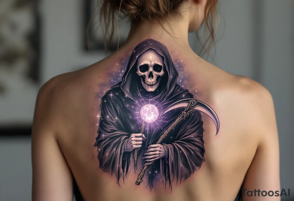 A celestial-themed Reaper with a starry black robe and a scythe glowing with soft white and pastel purple light. tattoo idea