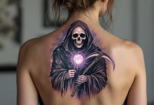 A celestial-themed Reaper with a starry black robe and a scythe glowing with soft white and pastel purple light. tattoo idea