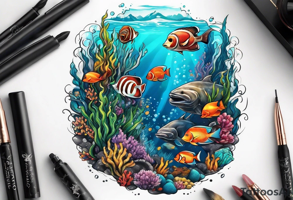 Underwater diving scene tattoo idea