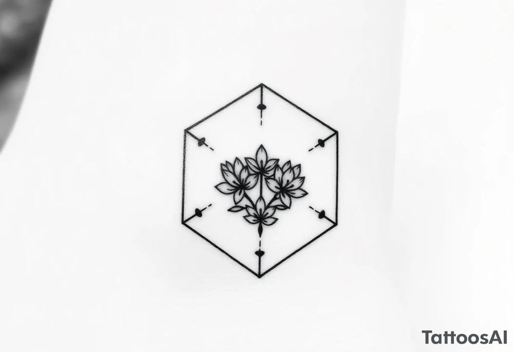 Hexagon with a constellation sign for Leo, larkspur and water lilies in the center tattoo idea