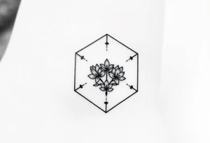 Hexagon with a constellation sign for Leo,  larkspur and water lilies in the center tattoo idea