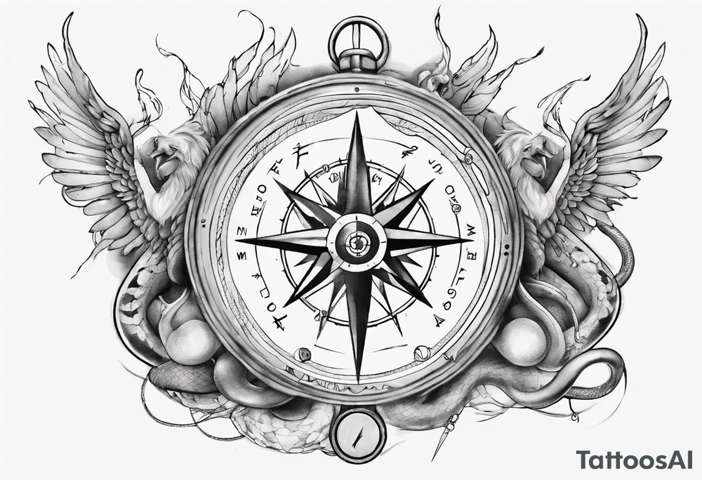 Compass tatoo with Gemini angels and snake make it more trendy tattoo idea