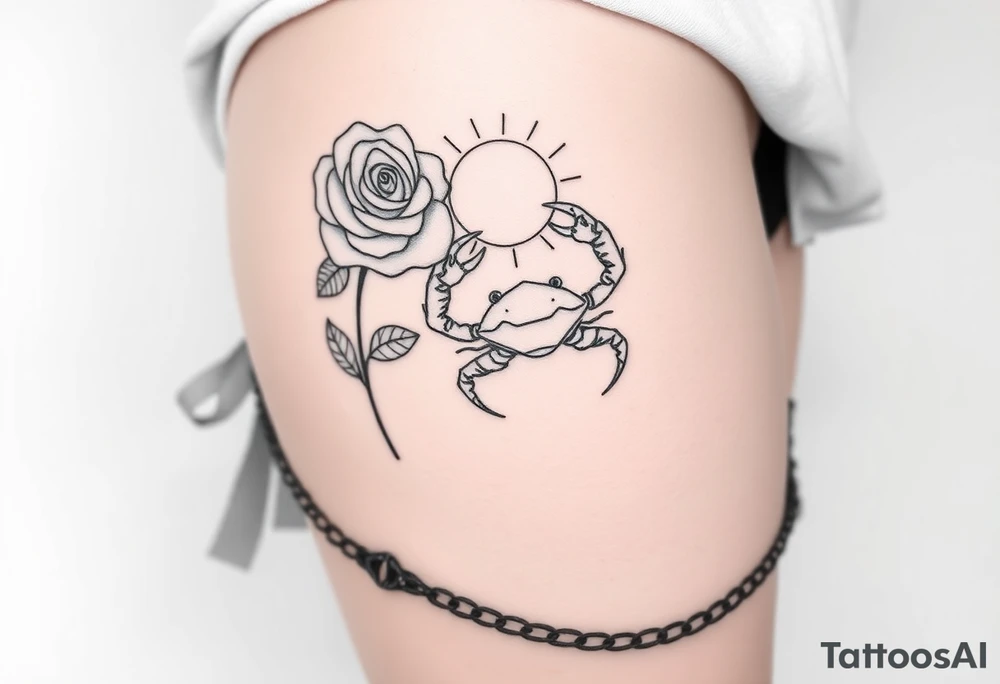 Rose and sun and crab tattoo idea