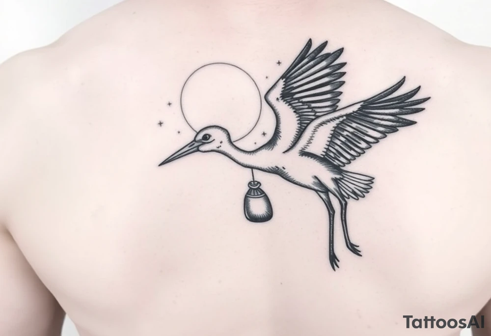 Stork flying with baby bundle towards moon, stars tattoo idea