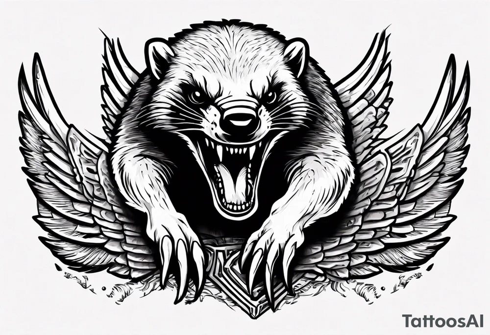 Angry, snarling, detailed forward-facing honey badger against the background of large wings made of bones tattoo idea
