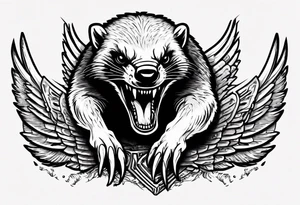 Angry, snarling, detailed forward-facing honey badger against the background of large wings made of bones tattoo idea