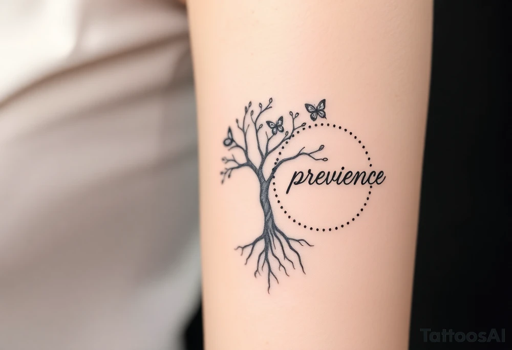 minimalistic tree of life that’s roots come out at bottom and make a dotted circle around the tree and have butterflies coming out of circle on top right and then the word “providence” curved on the outside of circle to the right tattoo idea