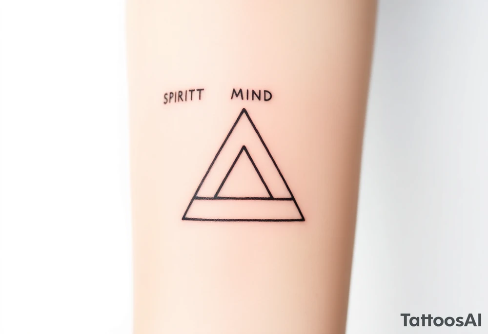 A minimalist tattoo of three interlocking triangles arranged in a way that forms a geometric symbol. Each triangle is thinly outlined and overlaps slightly. Above the design, the words 'SPIRIT,' 'MIND,' and 'BODY' are written in simple font, representing the connection between these three concepts. The tattoo is located on the inner forearm and is drawn in black ink on a light skin tone background. Without text! tattoo idea