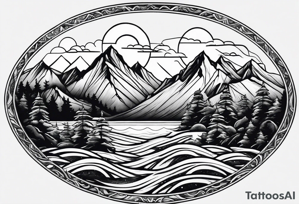 Mountains and ocean waves tattoo idea