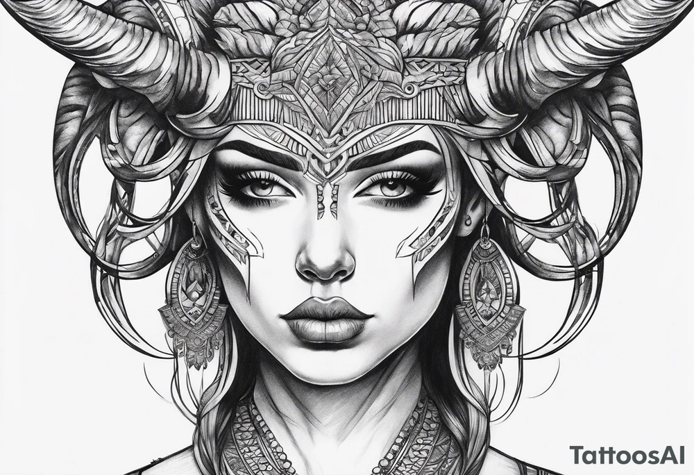 symmetrical woman head with curved horns facing downwards dark realism looking front facing view tattoo idea