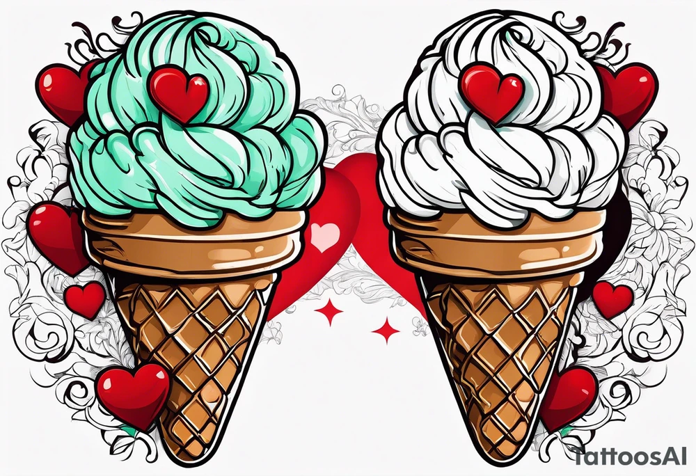 mint chocolate chip ice cream cone with small red heart on it somewhere. tattoo idea