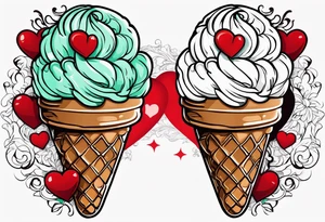mint chocolate chip ice cream cone with small red heart on it somewhere. tattoo idea