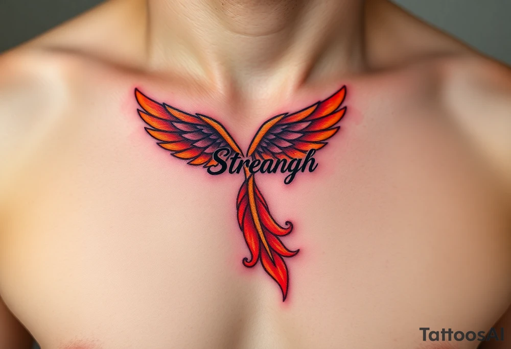 A golden phoenix feather with a fiery red glow, featuring the word "Strength", symbolizing resilience and passion in love tattoo idea