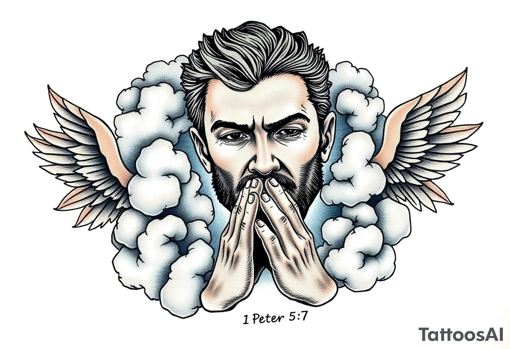 cast all your anxiety on him because he cares for you"  1 peter 5:7 surrounded with clouds and angels and praying hands tattoo idea