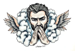 cast all your anxiety on him because he cares for you"  1 peter 5:7 surrounded with clouds and angels and praying hands tattoo idea