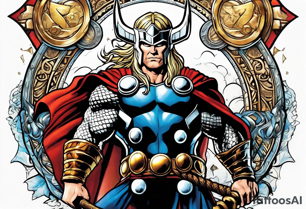 The Mighty Thor from comics in the 70's with a vignette in the background tattoo idea