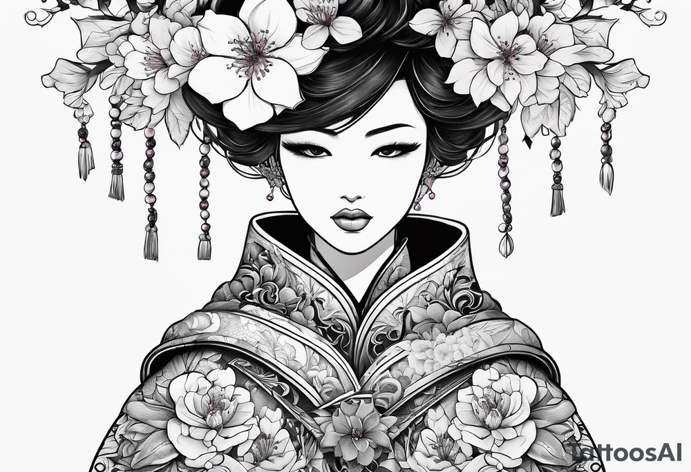 shadow cloak covered in flowers alongside a cherry blossom dagger tattoo idea
