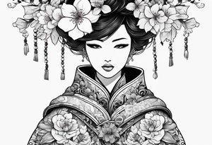 shadow cloak covered in flowers alongside a cherry blossom dagger tattoo idea