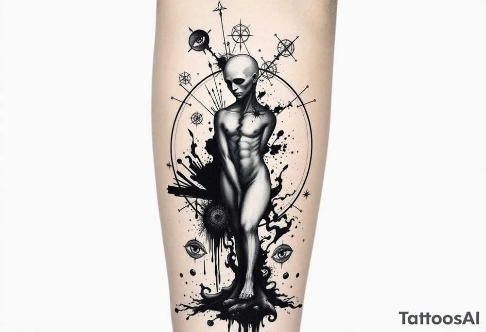 Vertical forearm tattoo design, tall and narrow composition fitting the shape of the forearm, dark surrealism and mythological symbolism. Fragmented human statue or abstract humanoid shape, partially dissolving into black ink splashes, smoke, and geometric lines. Surrounded by sacred geometry circles, occult and alchemical symbols, surreal dripping eyes, fine composition lines, and abstract fragments. Fine line tattoo style mixed with etching and engraving texture, high contrast, clean outlines, minimal background. Designed for forearm placement and easy extension into a full sleeve. No bodybuilding aesthetic, no fitness-style anatomy, focus on surreal atmosphere, mysterious symbolism, and artistic detail. tattoo idea
