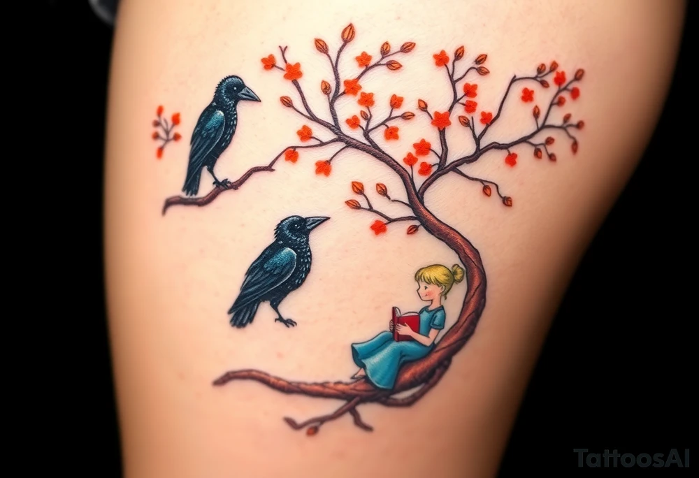 A Raven standing on the branch of an orange tree. A blond little girl wearing a blue dress sitting under the tree while reading a book. The raven is watching her. tattoo idea