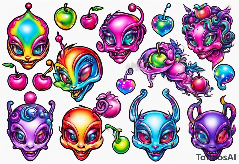 Lisa Frank cherry alien tattoo idea