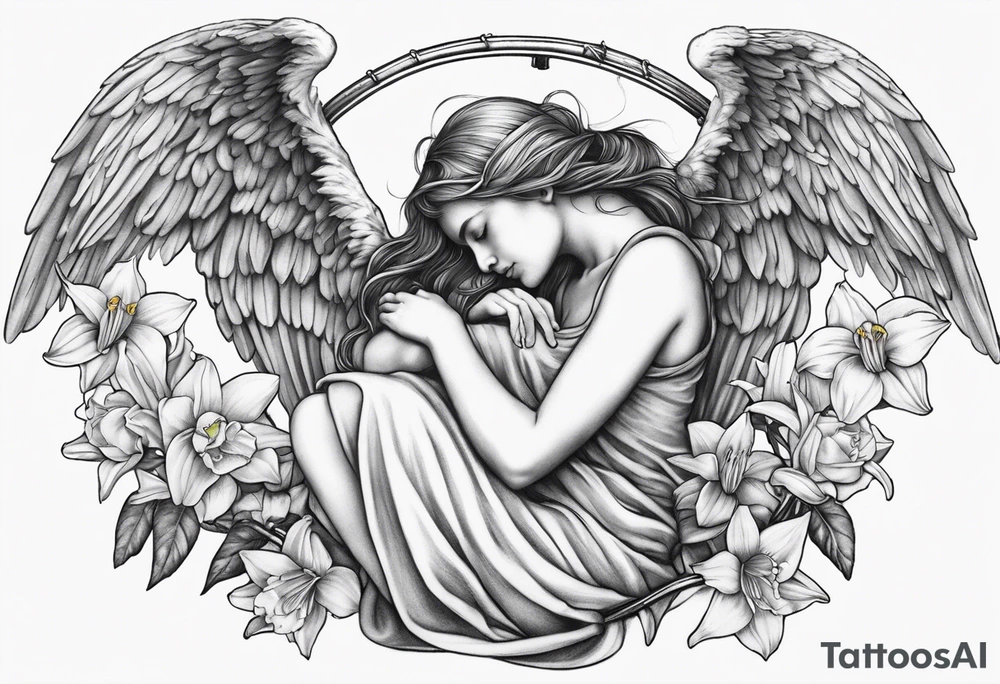 sad angel on swing from behind with sagging wings, with head down with face covered by hair surrounded by lily, daffodil, rose, daisy, narcissus tattoo idea