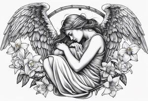 sad angel on swing from behind with sagging wings, with head down with face covered by hair surrounded by lily, daffodil, rose, daisy, narcissus tattoo idea