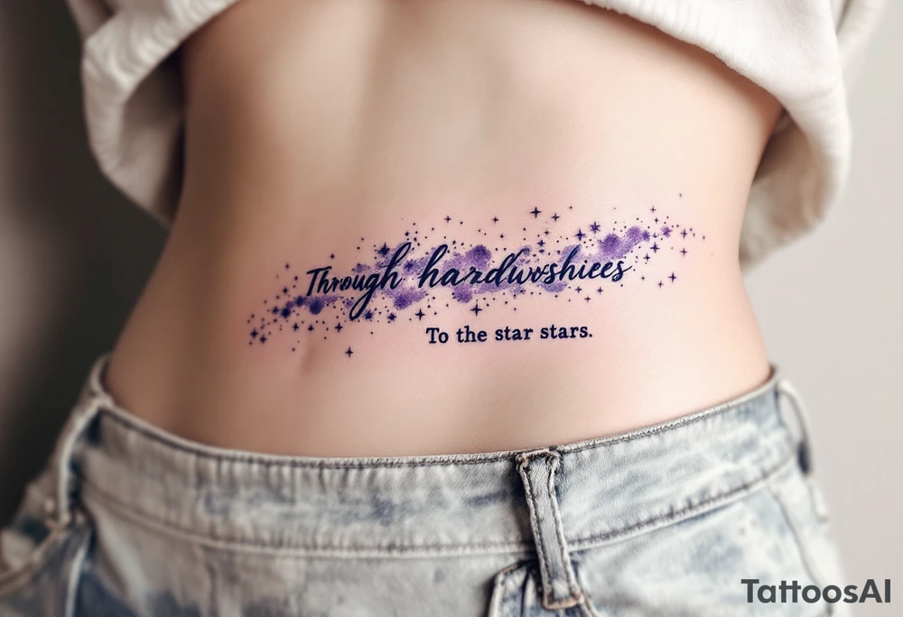 The quote “Through hardships To the stars” flows in navy ink around a violet galaxy, etched along the ribs. tattoo idea