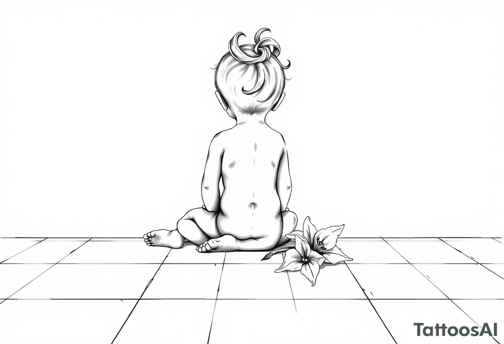 A simple tile floor with a minimalist curler child sitting on the floor with a lily next to her tattoo idea