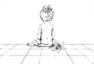 A simple tile floor with a minimalist curler child sitting on the floor with a lily next to her tattoo idea