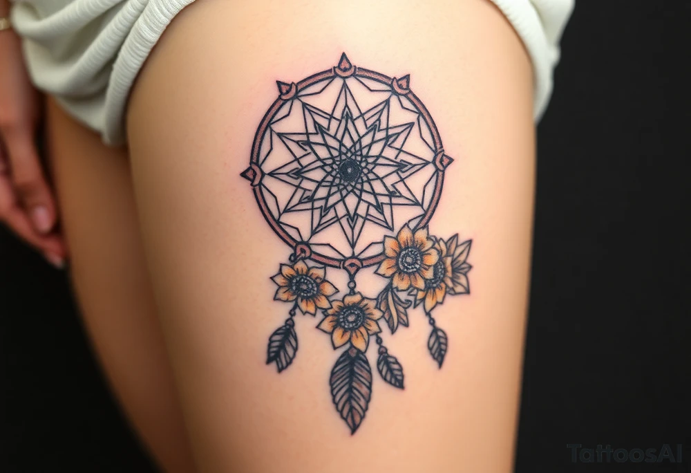 Dreamcatcher with zodiac symbols and protection runes caught in it with tigerlillies roses and sunflowers tattoo idea