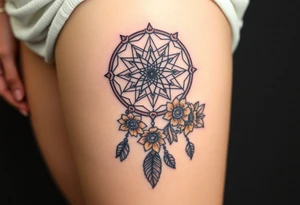 Dreamcatcher with zodiac symbols and protection runes caught in it with tigerlillies roses and sunflowers tattoo idea