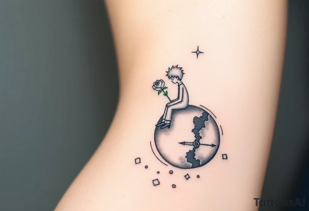 A reinterpretation of The Little Prince sitting alone on his tiny planet (B-612), under a sparse starry sky with broken constellations. A cracked, melting clock floats behind him, representing time and anxiety. Instead of his rose, there’s a half-bloomed flower with soft thorns—symbolizing fragile love. A warm light glows from his chest, shaped like a star or heart, representing deep inner strength and love. Around him, small scattered puzzle pieces or geometric fragments hint at attention to detail and a complex inner world. Style: fine line with soft shading, subtle surrealist elements. tattoo idea