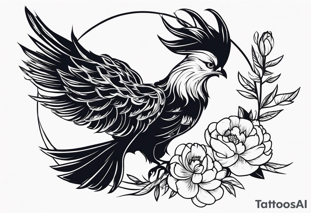 minimalist pheonix with peonies tattoo idea