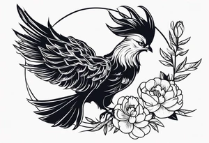 minimalist pheonix with peonies tattoo idea