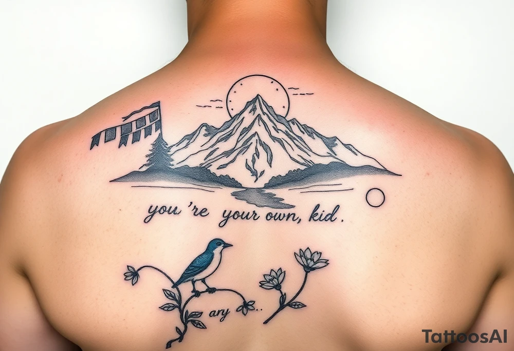 upper arm tattoo with buddhist prayer flags, mountain, river, "you're on your own, kid", little blue bird, daffodil, and full moon tattoo idea