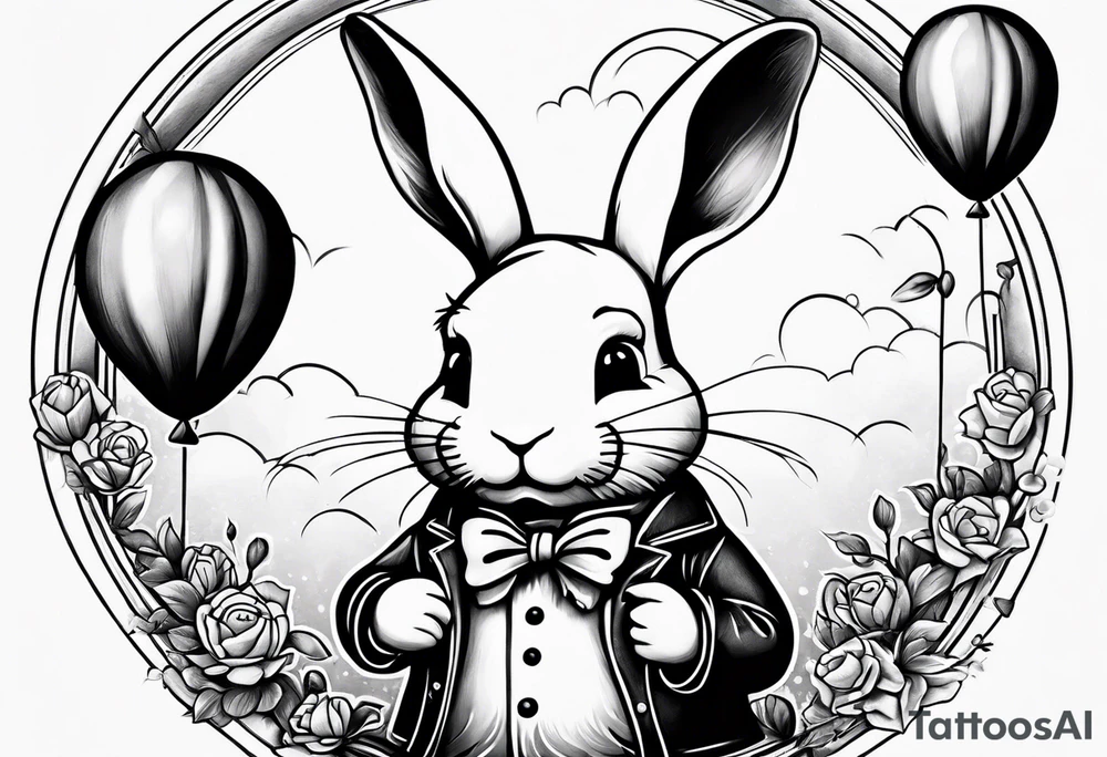 A little white rabbit is holding a baloon tattoo idea