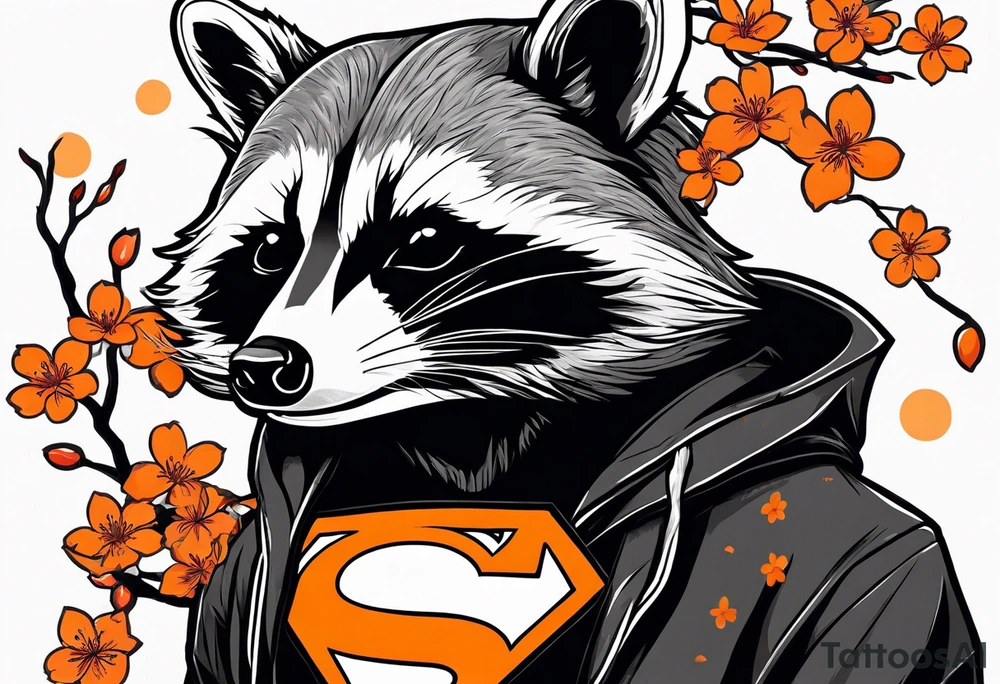Raccoon wearing a white Superman logo on a black hoodie and orange Japanese cherry blossoms tattoo idea