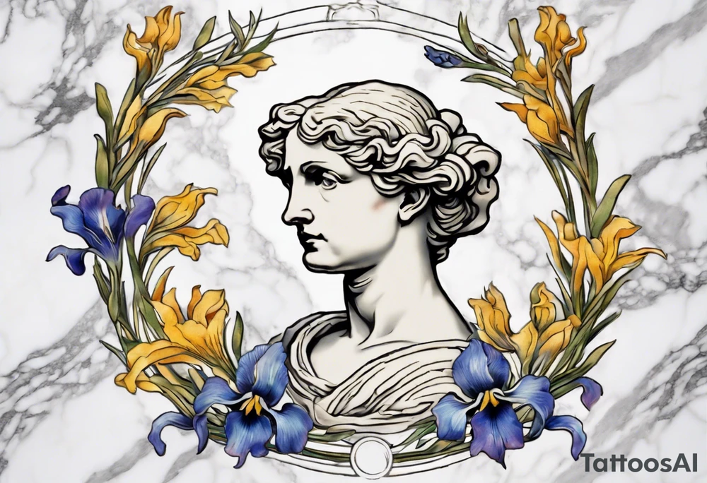 Create a colorful Vincent van Gogh Irises tattoo with an ancient Greek female statue in the middle in white marble. The tattoo should take the form of a crescent, with vines gracefully intertwining at a central point in the middle of the wreath.  The intended placement is on the upper chest. The overall design should be small in size while maintaining a delicate and artistic aesthetic. Pay attention to the graceful flow of the vines and the placement of the irises to achieve a refined and elegant look. tattoo idea
