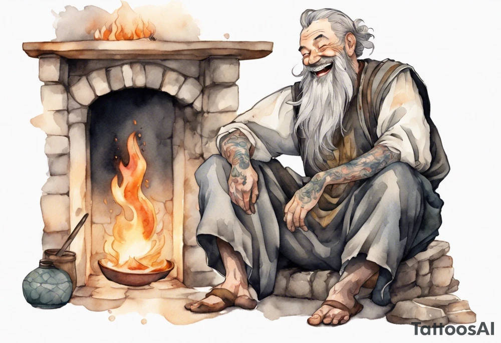 full portrait a Medieval man with a grey beard laughing sitting by the hearth tattoo idea
