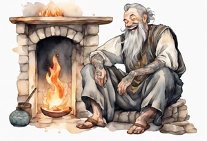 full portrait a Medieval man with a grey beard laughing sitting by the hearth tattoo idea