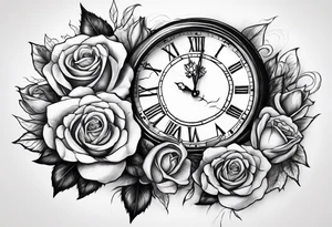 Mountains with clock with roses sleeve design tattoo idea