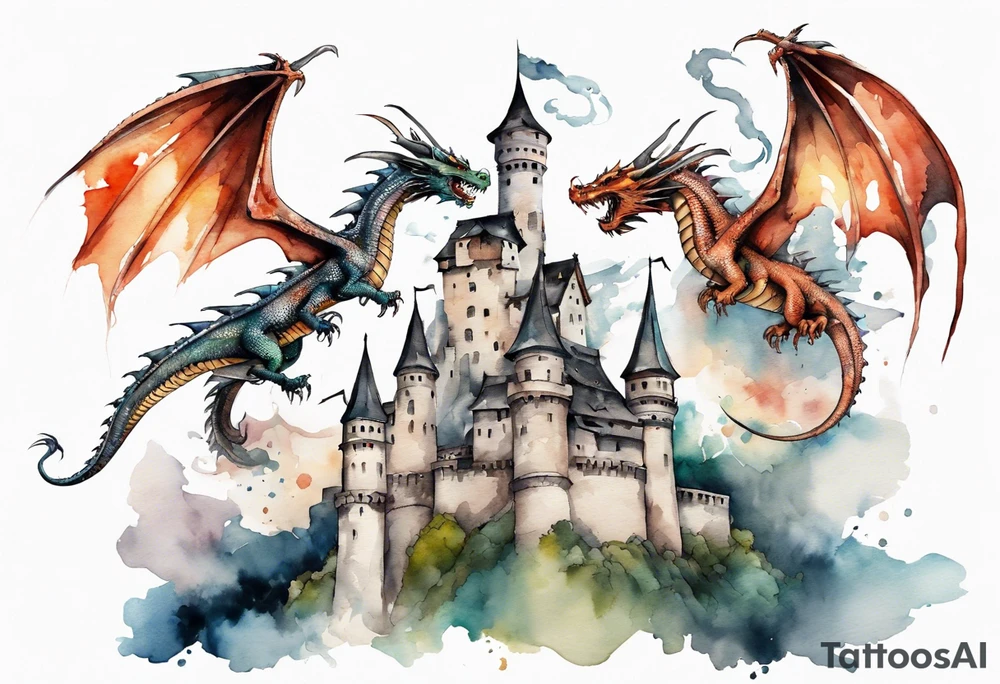 3 dragons flying around the highest part of the castle, defending it from a village with angry people tattoo idea