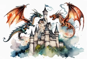 3 dragons flying around the highest part of the castle, defending it from a village with angry people tattoo idea